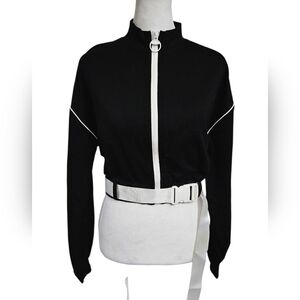 CAPSULLE MockNeck Zip Front Cropped Track Jacket W/Waist Belt. Black/white.M NWT
